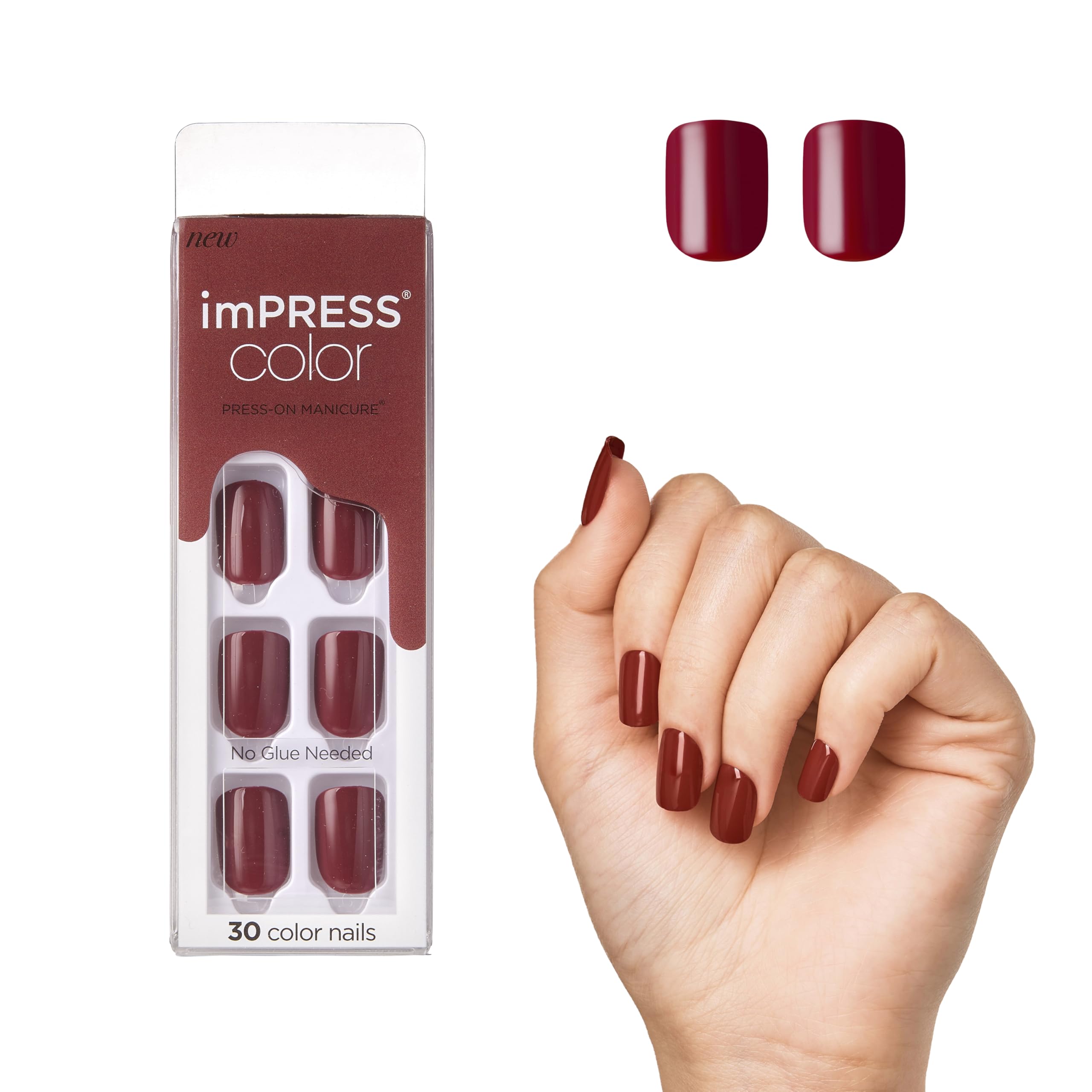KISS imPRESS No Glue Mani Press On Nails, Color, 'Espress(y) ourself', Brown, Short Size, Squoval Shape, Includes 30 Nails, Prep Pad, Instructions Sheet, 1 Manicure Stick, 1 Mini File