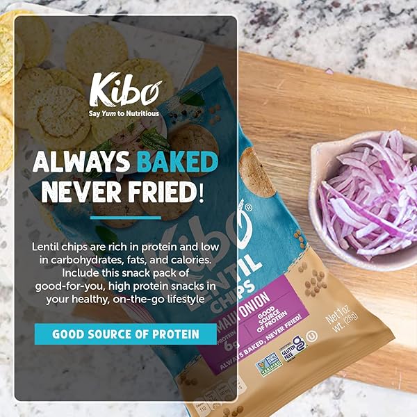 KIBO LENTIL CHIPS MAUI ONION FLAVOR – GLUTEN-FREE, HIGH PROTEIN-FIBER, NON-GMO, PLANT-BASED, MADE WITH REAL VEGGIES – 28G, 12 PACK