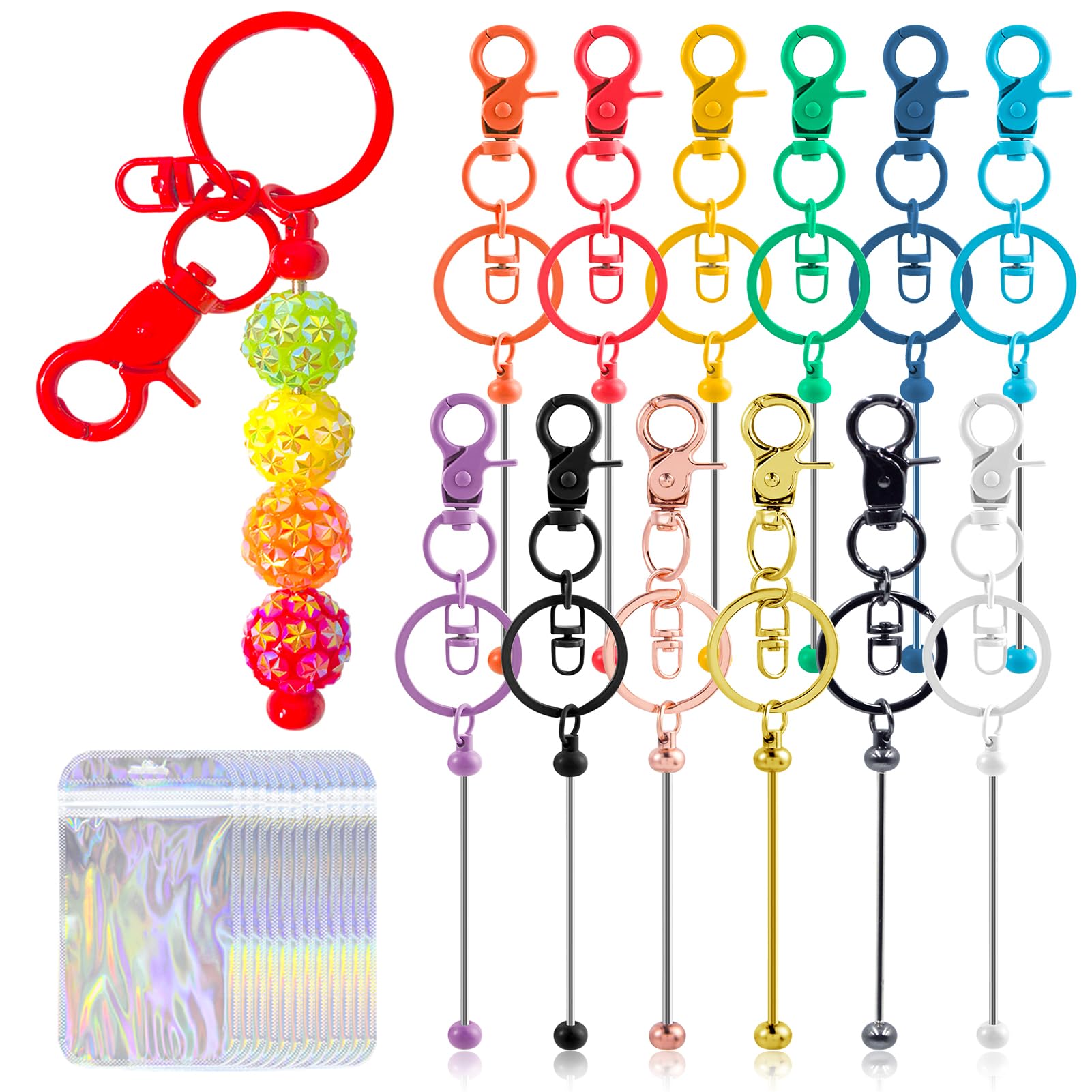Photo 1 of 24 Pcs Beadable Keychains Bars bulk - 12 Colorful DIY Metal Beaded Keychain Making Kit + 12 Bags Included, Bead Keychain Supplies,Blank Key Chain, Perfect for Women, Men, Mother's Day, Birthday Gift
