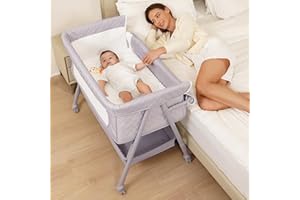 Kiniew Bassinet Bedside Sleeper, Adjustable Height Baby Bassinet with Wheels, Easy Assemble & Folding Crib with Comfy Mattress, Breathable Mesh Bedside Bassinet for Infant Newborn (Grey)