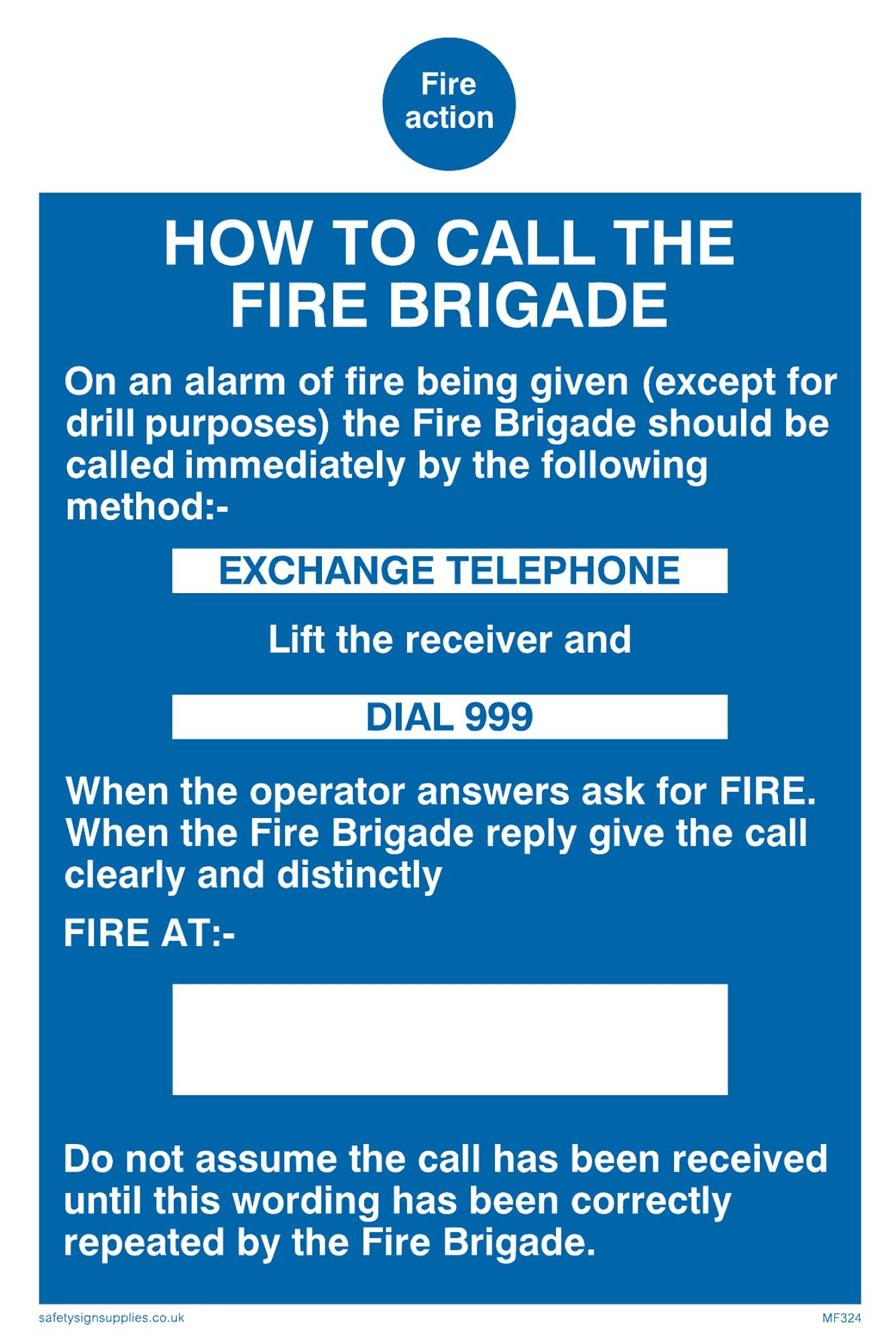 Pack of five - Fire Action How To Call The Fire Brigade Sign - 100x150mm - A6P