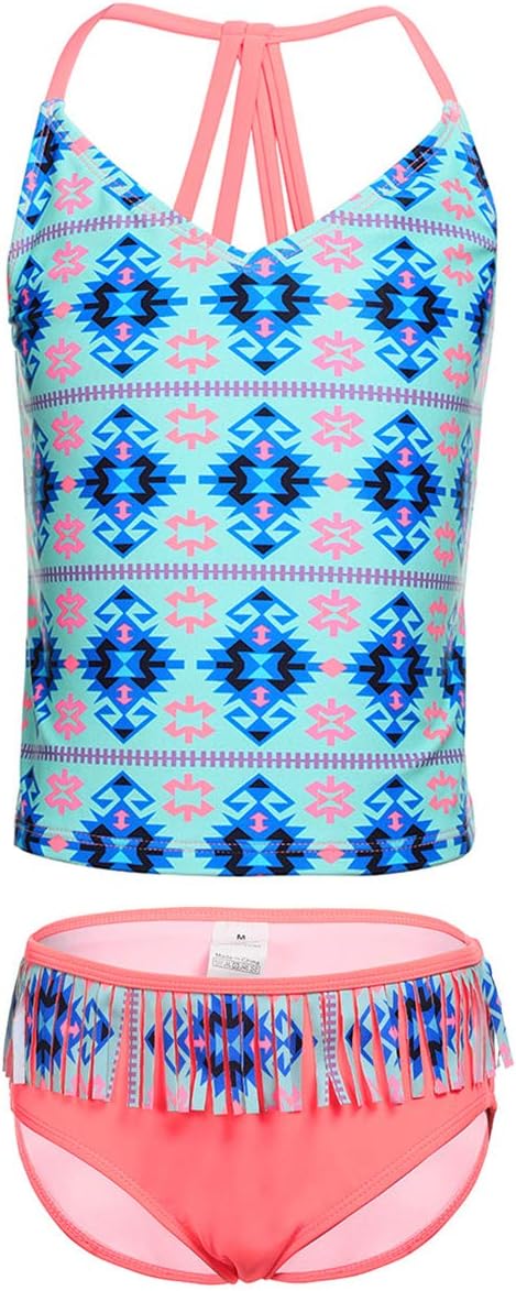 LEINASEN Two Piece Bathing Suits for Girls, Colorful Floral Printing T-Back Beach Tankini Swimsuits for Kids