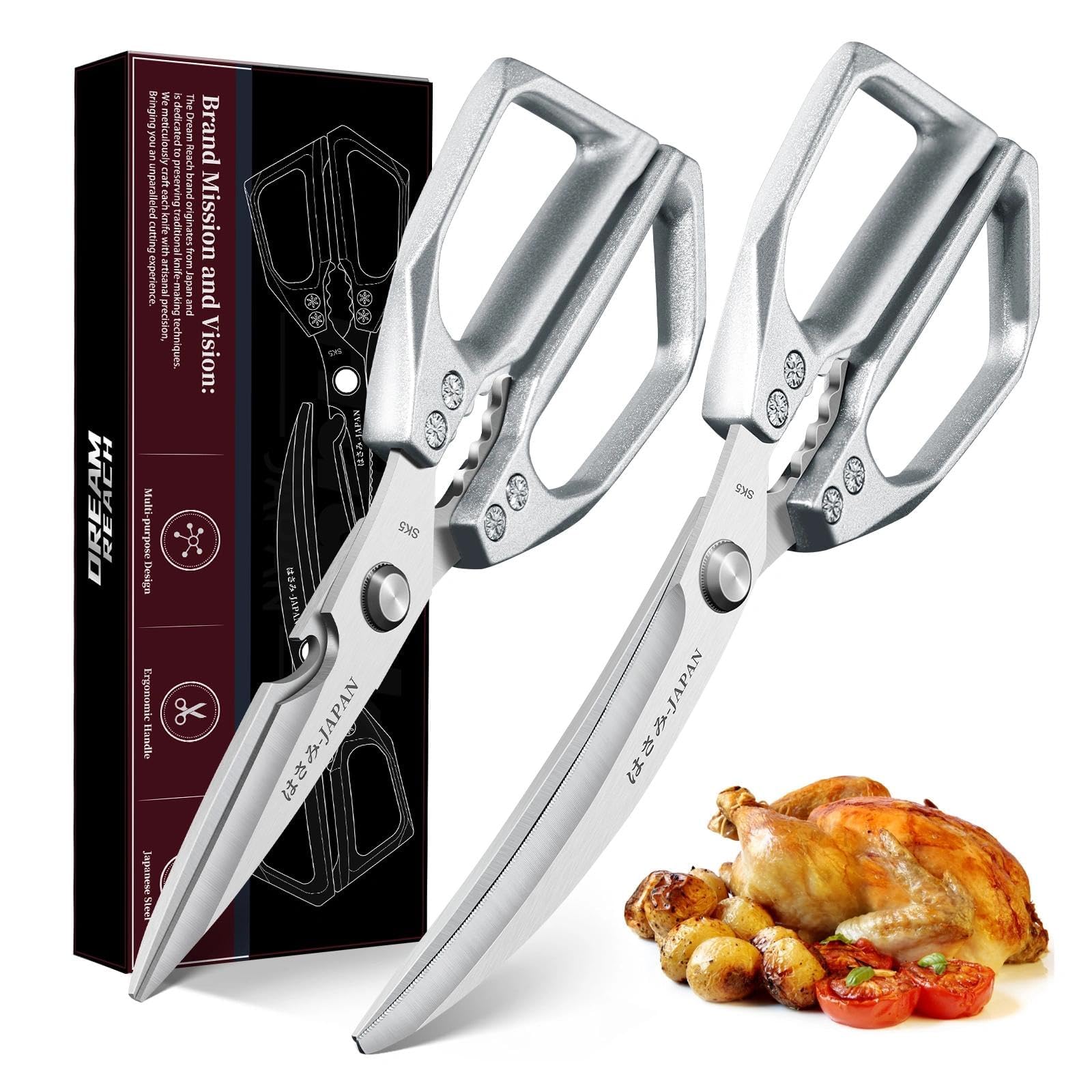 Dream Reach Küchenschere Set Silver, Edelstahl Geflügelschere und Knochenschere, Scharfe Küchenschere Spülmaschinenfest, Multifunktionale Fleischschere für Küche, Fleisch, Geflügel, Fisch, Gemüse