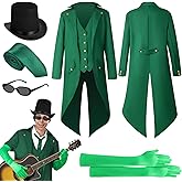 Croknit 5 Pcs Renaissance Steampunk Tailcoat Men Halloween Costumes Green Tuxedo Top Hat Long Gloves Sunglasses Necktie