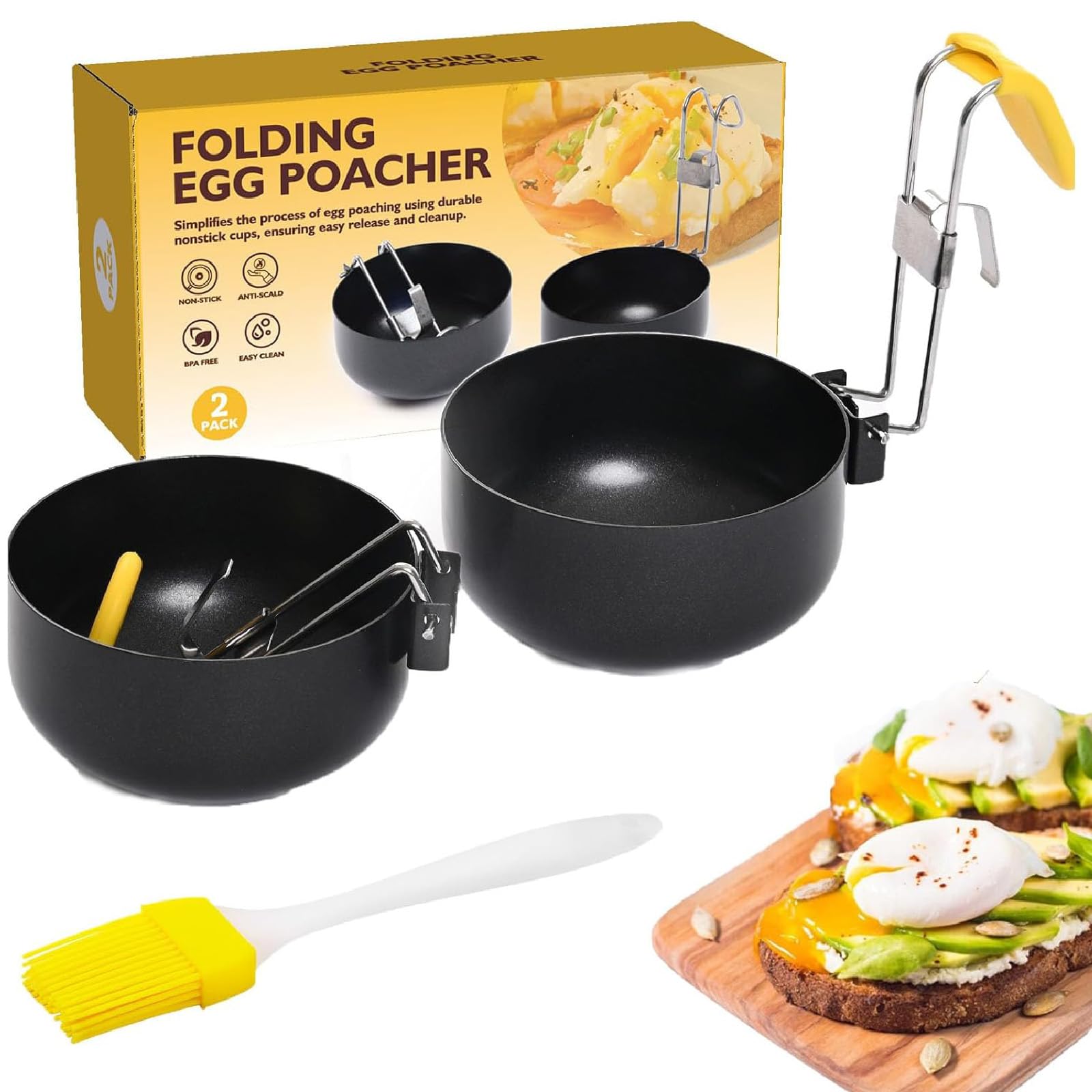 2 PCS Poached Egg Pan+1 Brush, Eggs Poacher, Egg Poacher Pan, Folding Handle Non Stick Eggs Poached Egg Cooker, Non-stick Eggs Poacher for Perfect Boiled Eggs for Kitchen Tool