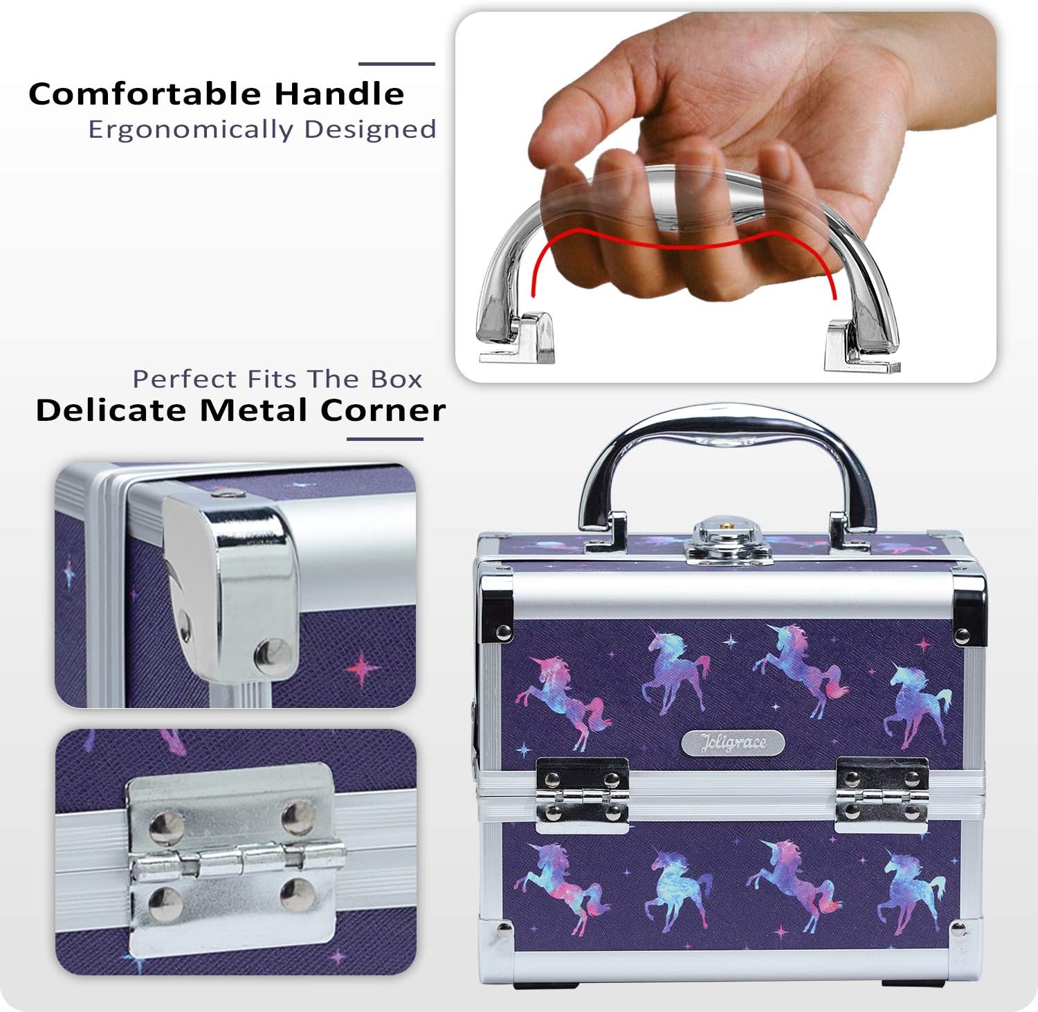 Joligrace Girls Makeup Box Unicorn Vanity Case with Mirror Lockable Makeup Case with Key Small Jewellery Organiser Box for Kids Size:19.5x15x16cm - Image 3