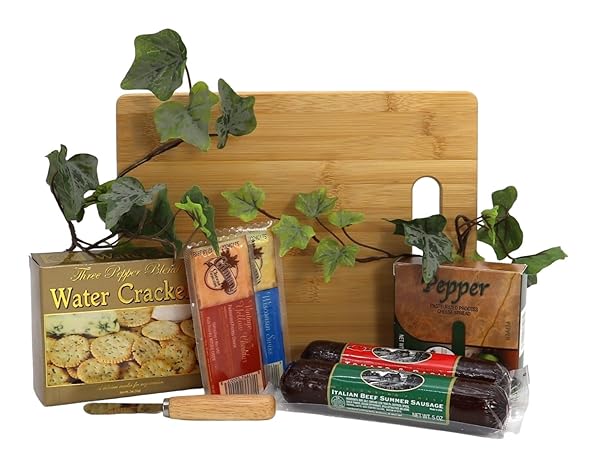 GIFT BASKET VILLAGE CHARCUTERIE BOARD GIFT SET – BAMBOO CUTTING BOARD, THREE-PEPPER CRACKERS, ITALIAN SAUSAGE, WISCONSIN CHEESE, CHEESE SPREAD, AND KNIFE – WEDDING OR HOUSEWARMING GIFT