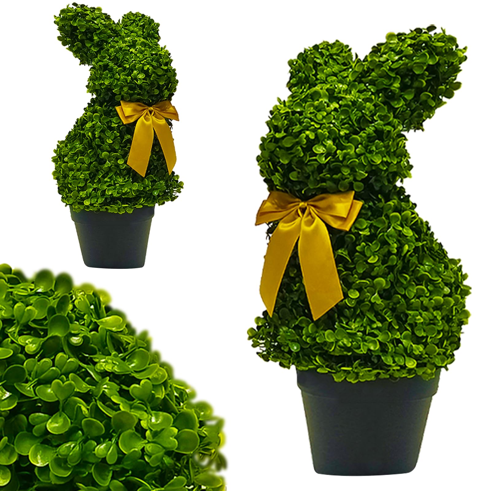 Photo 1 of 2 Pcs Artificial Bunny Shaped Topiary Trees, Artificial Green Boxwood Bunny Decorations with Gold Bow, Perfect for Indoor & Outdoor Front Porch, Easter& Garden Decor (Bunny Tree with Base)