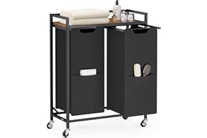 VASAGLE Laundry Sorter, 29 Gal. (110 L) Laundry Hamper Basket with 2 Compartments, Rolling Cart with Wheels, Shelf, Removable Bags, Pockets, Ink Black and Rustic Brown UBLH021B01