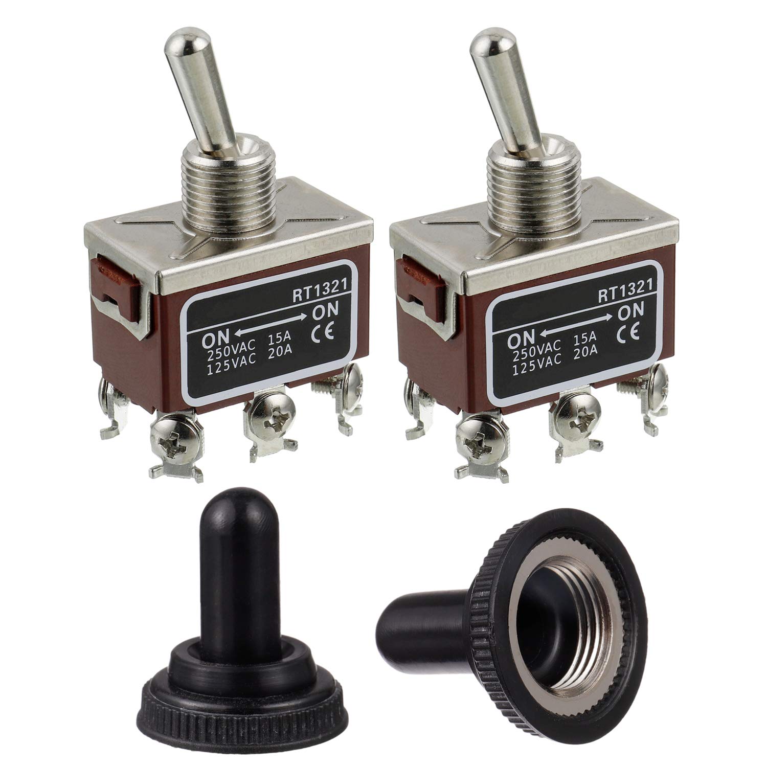 BOJACK RT1321 Toggle Switch 125V 20A 250V 15A DPDT ON - ON 6 terminal pin Rocker Switch with Metal Waterproof Cap (Pack of 2 pcs)
