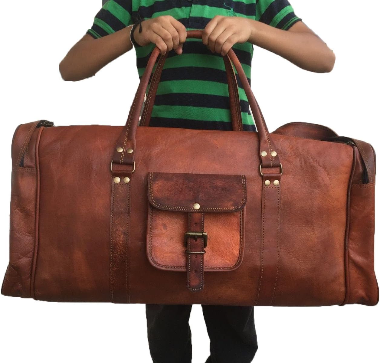 Leather Saddler 28" Inch Real Goat Vintage Leather Large Handmade Travel Luggage Bags in Square Big Large Brown bag Carry On