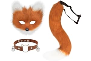 hbbhml Faux Fur Fox Mask Wolf Cat Fluffy Tail and Leather Necklace Set Halloween Party Cosplay Costume Accessory