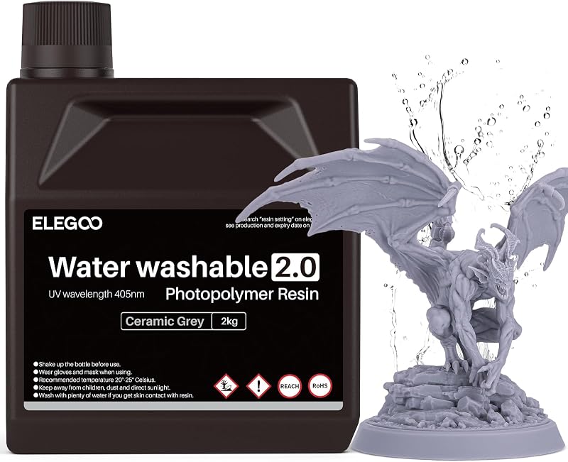 ELEGOO Upgraded Water Washable 3D Printer Resin 2.0 Grey 2KG 405nm UV Curing