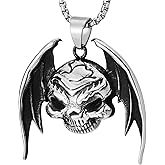 COOLSTEELANDBEYOND Mens Winged Skull Pendant Necklace, Vintage Stainless Steel, Gothic Biker Jewelry Punk Rock