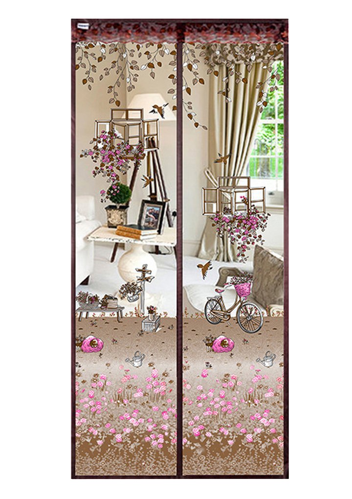Floral Magnetic Insect Door Screen High Density Fly Bug Mosquito Mesh Curtain Top-to-Bottom Let Fresh Air in Automatically Shut Door Curtain, 90x210 cm/100x210 cm (Coffee, 90x210 cm)