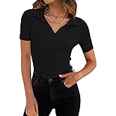 ZESICA Women's Short Sleeve V Neck T Shirts 2026 Summer Ribbed Knit Slim Fitted Basic Solid Color Tee Tops