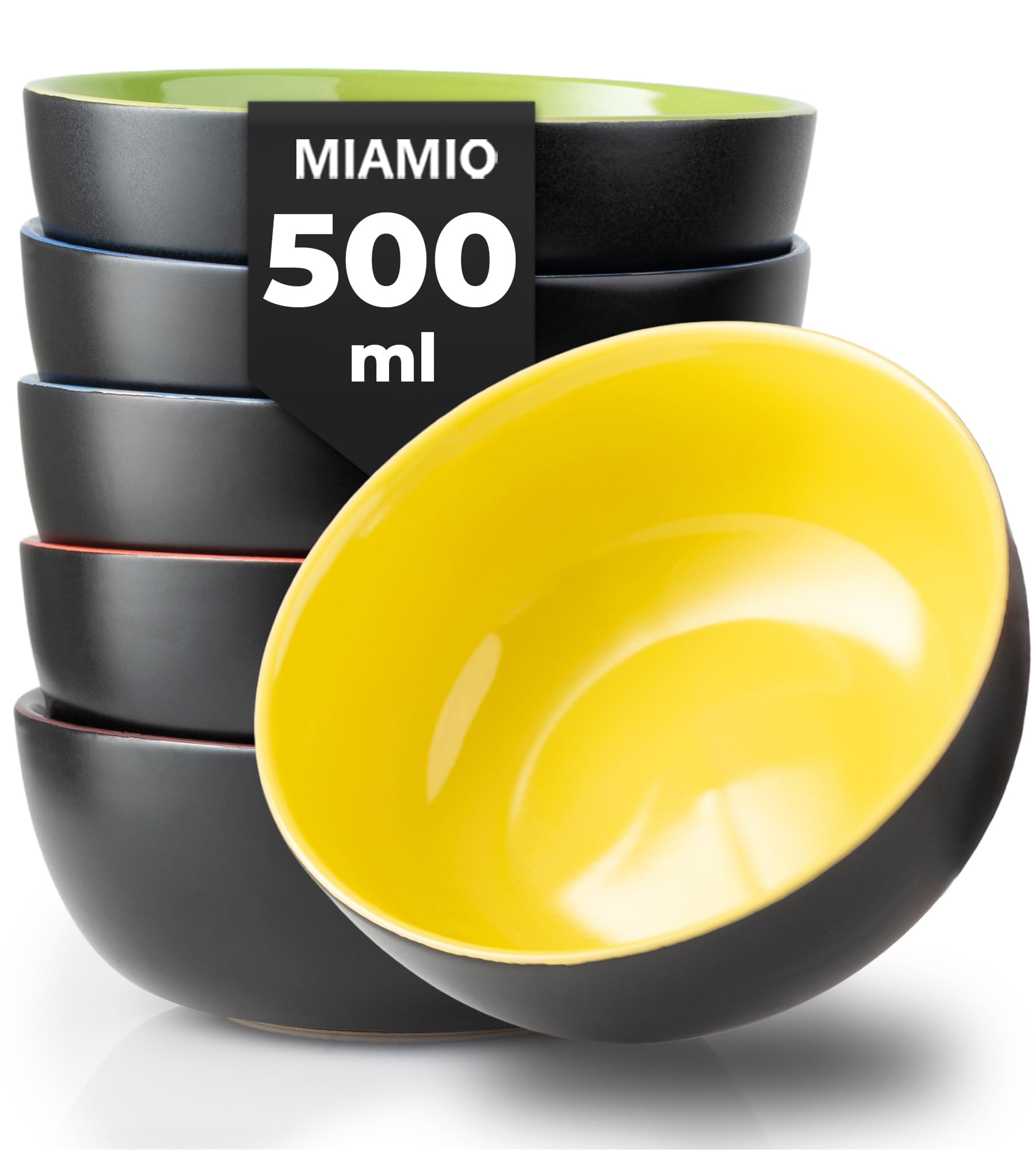 MIAMIO - 6 x 500 ml Stoneware Bowl Set Outside Black Inside Colourful - Le Papillon Collection (Mixed)