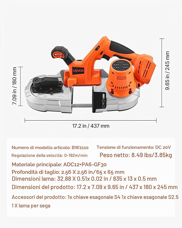 Sega a Nastro Portatile da 20 V, Taglio Profondo da 65 mm, 360 W con Motore Brushless, Portatile e Compatta Senza Fili, Ganci per Appendere, Velocità Variabile, Solo Utensile Nudo