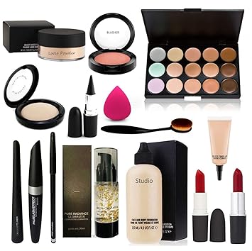 EAGLEHUNT MACC. 15 Shade Pallet Loose Powder, Compact, Blusher, Kajal, Blender Puff, 1 Makeup Brush, Concealer, 2 Lipstick, Face and Body Foundation, Glowrizer Radience, 3 In1