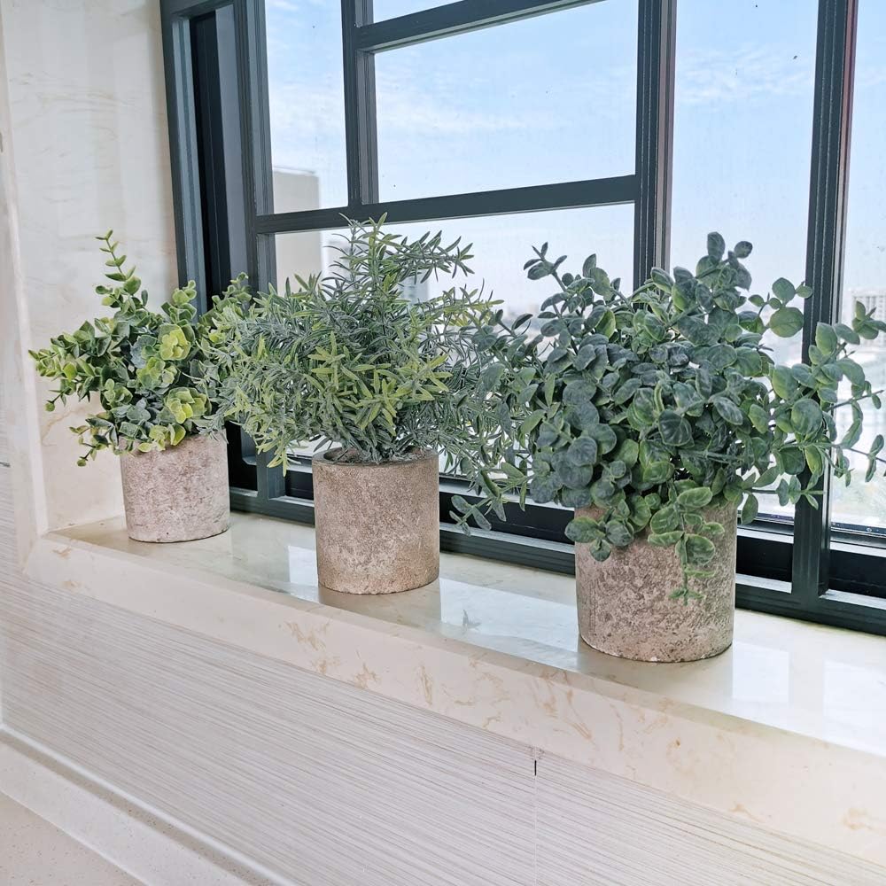 Winlyn Set of 3 Mini Potted Artificial Eucalyptus Plants Plastic Fake Green Rosemary Plant for Home Decor Office Desk Shower Room Decoration -