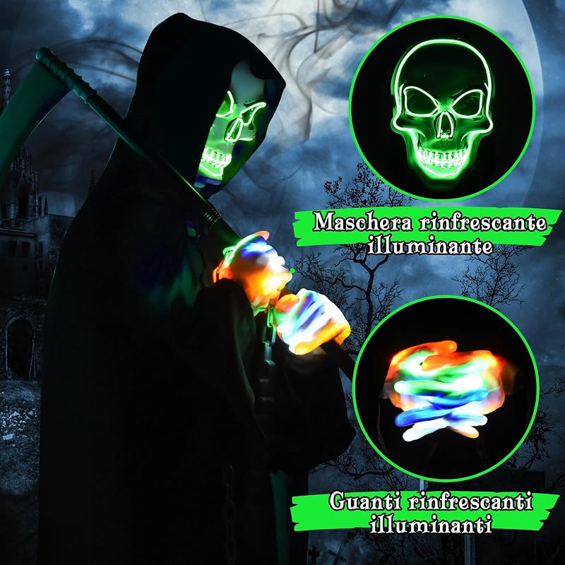 Costumi Halloween, Mantello con Cappuccio Halloween, Morte Costume di Halloween con Falce, Maschera Scheletrica Luminescente, Guanti Luminescenti e Catena, Cosplay Carnevale Feste Costumes — foto 2 di 6