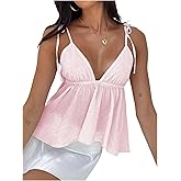 SOLY HUX Women's Tie Shoulder Spaghetti Strap Cami Top V Neck Ruffle Hem Camisole Summer Tops