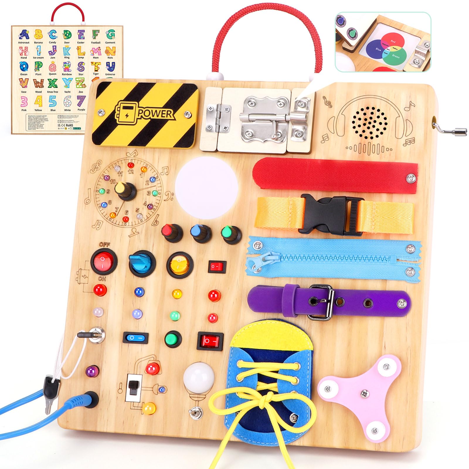 View 1 of 23-in-1 Montessori Busy Board with LED Lights Educational Wooden Activity Toy for Toddlers Ages 1-3, Travel Sensory Board with Switches Locks Music Box Fine Motor Skills Learning Toy for Boys Girls