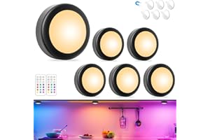 Aokpsrt Magnetic Puck Lights with Remote Control, 3AA Battery Operated, 13 Colors, Dimmable & Timer, Under Cabinet LED Lights for Kitchen, Black 6 Packs