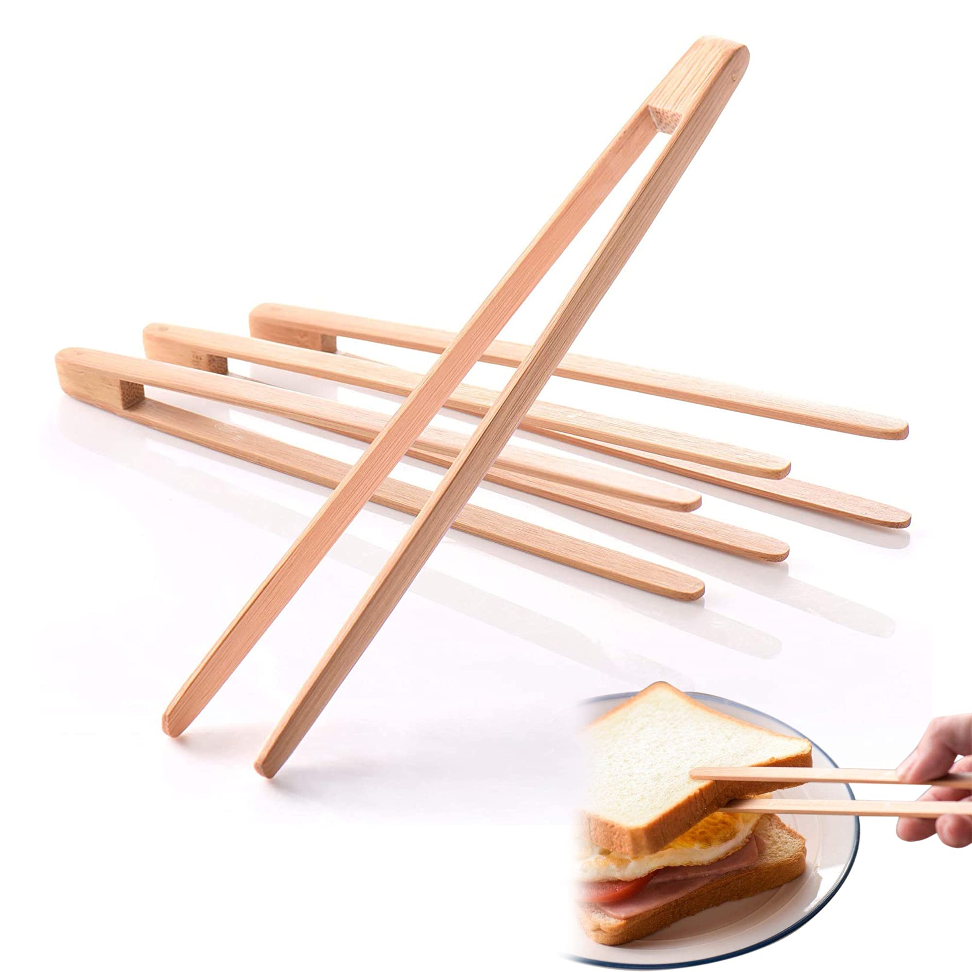 Small Bamboo Toaster Tongs: 100% Natural 8.3” Wood Mini Appetizer Tongs| Eco-Friendly, Space Saving Modern Kitchen Accessory for Home Restaurant | Set of 4