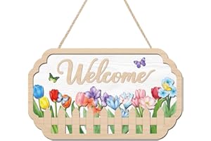 ANHUIB 3D Spring Welcome Front Door Sign(11.4”x7”),Colorful Tulip Flower Wall Hanging Sign for Wreath,Spring Summer Floral Bu