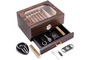 CINOROW Cigar Humidor, Glass Top Cigar Case with Hygrometer, Humidifier, Accessory Drawer with Cutter, Ashtray & Punch, Spanish Cedar Lined & Divider, Desktop Humidor Gift for Men, 25-50 Cigars