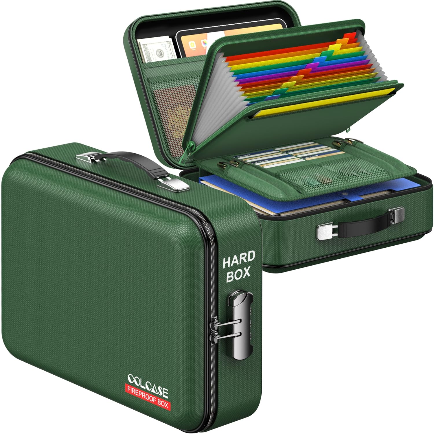 Photo 1 of COLCASE Fireproof Document Folder, Hard Fireproof Waterproof Document Box with Lock Creative Hard-Shell Design Fireproof Document Box for Important Documents Certificates Laptop Passports Green