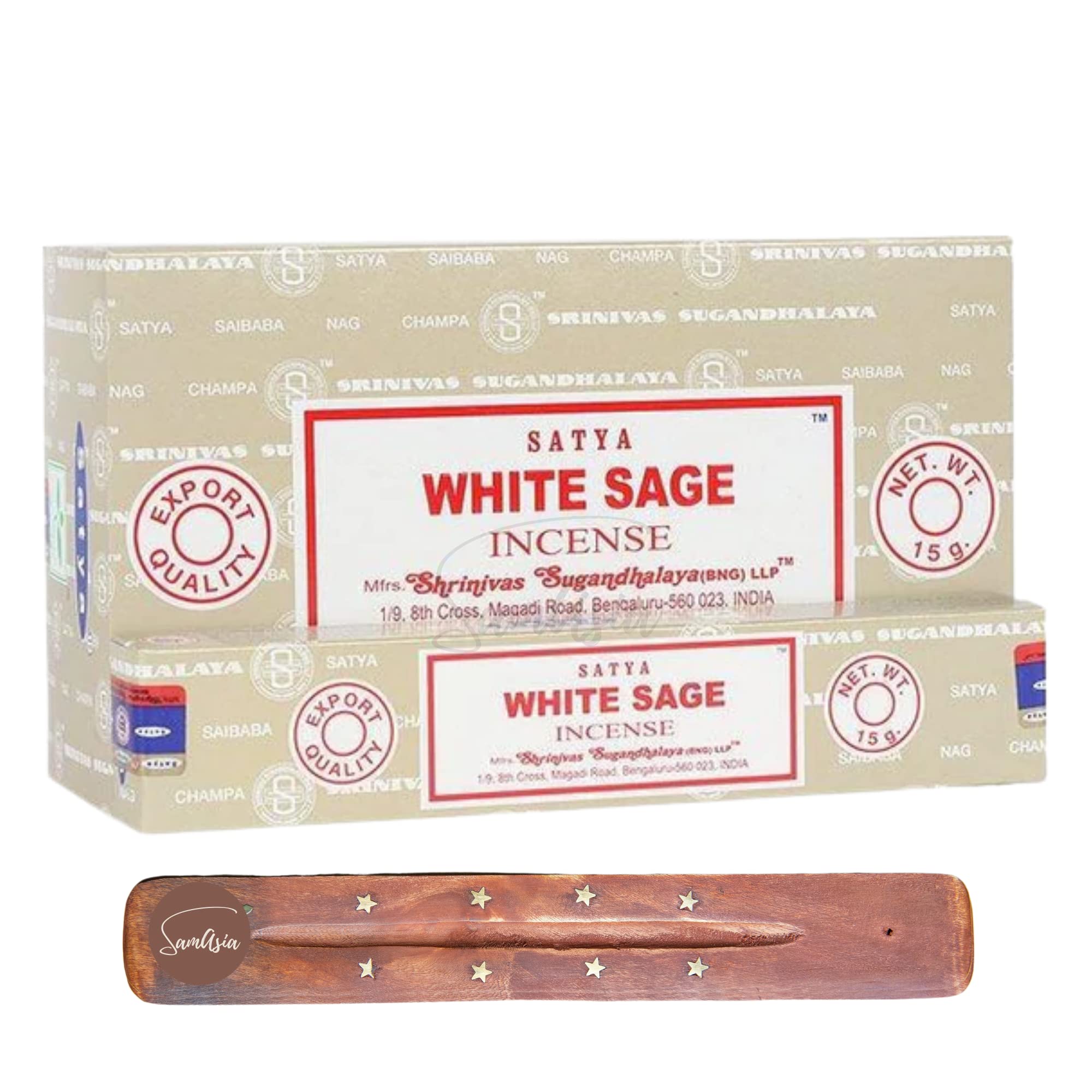Satya Nag Champa White Sage Incense Sticks | x12 pack | with SAMASIA incense sticks holder | Used for Whomatherapy, Spa, Yoga, Weddings, Meditation, Healing, Positivity and Relaxation — image 1