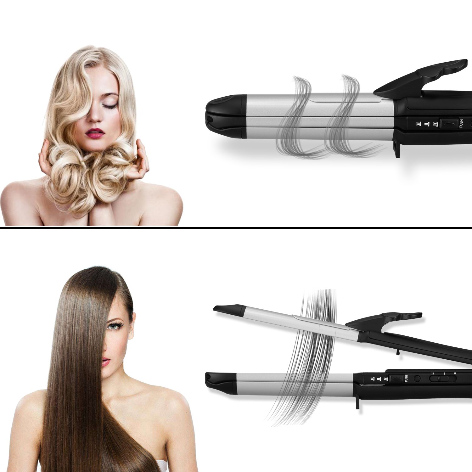 FOSTO Hair Straightener and Curler, 3 in1 Ceramic Hair Curling Iron & Hair Straighteners & Hair Crimper Dual Voltage Flat Iron Instant Heat Curling Iron Wand 1.25inch Hair Styling salon Power Cord