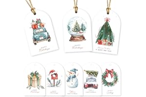 PAPER PLAY Arc-Shaped Watercolor Christmas Gift Tags - 80 Holiday Tags with String, 8 Watercolor Arch Designs - 350 GSM Christmas Name Tags for Gifts