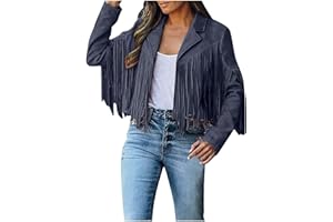 Women's Faux Suede Leather Fringe Jacket Cowgirl Crop Moto Biker Jackets Open Front Tassel Coat Tops 2024 Trendy
