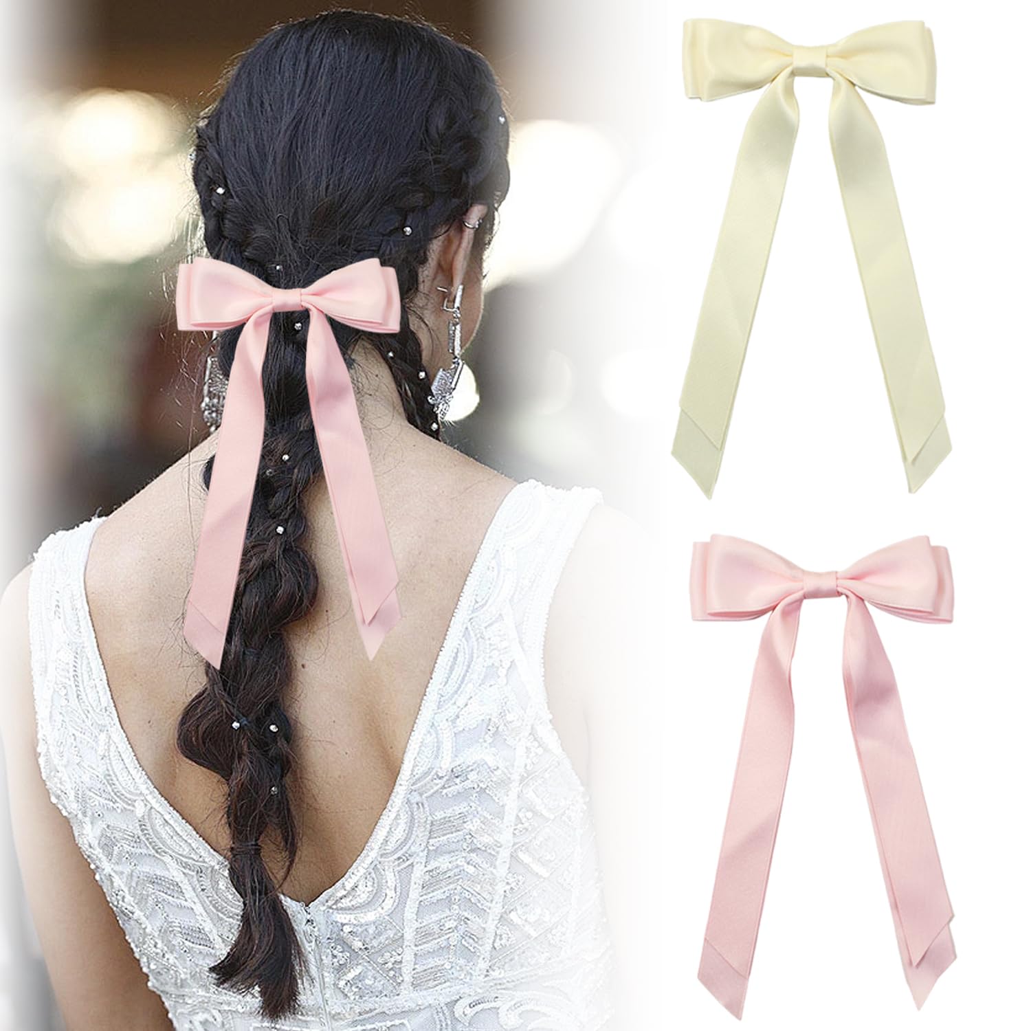 Silky Satin Hair Bows, 2 PCS Hair Clip Red Hair Ribbon Ponytail Holder Accessories Slides Metal Clips Hair Bow for Women Girls Toddlers Teens Kids (Pink&Beige)