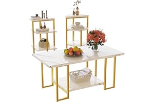 DKLGG Coffee Table Set of 3, Modern 3-Piece Table Set Faux Marble Coffee Table & 2 End Tables Open Shelves with Metal Legs, Living Room Table Sets for Apartment, Small Space