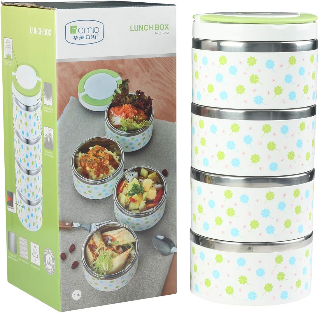 Tedemel-GreenWhite 4 Layer-Vacuum Insulated Stackable Stainless Steel Lunch Box | Food Container | BPA Free | Leakproof | Adults, Men, Women