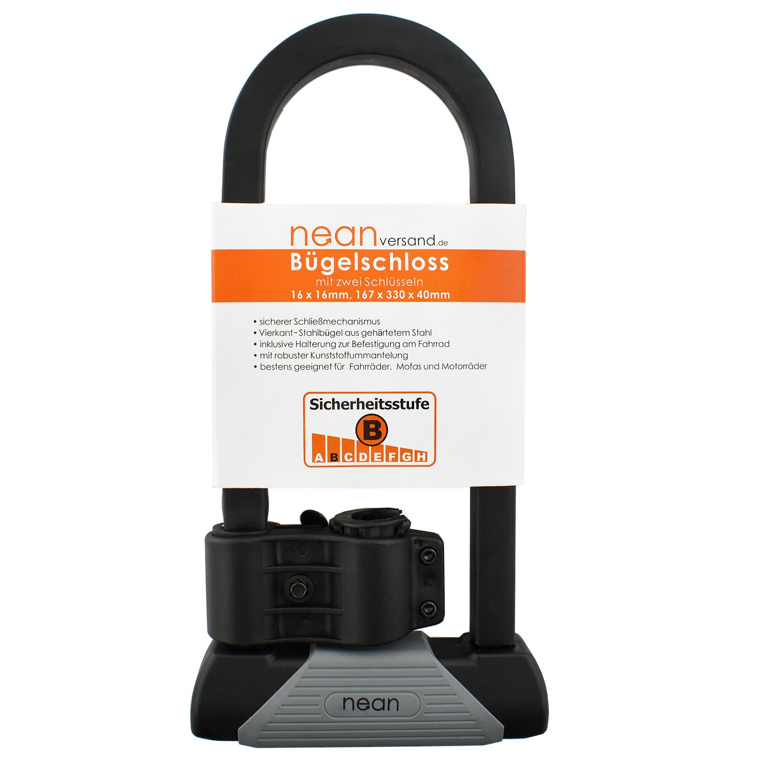 Nean Square Bicycle Padlock, Holder, 2 Keys, Extra Solid, 16 x 16 mm, 167 x 330 x 40 mm Amazon