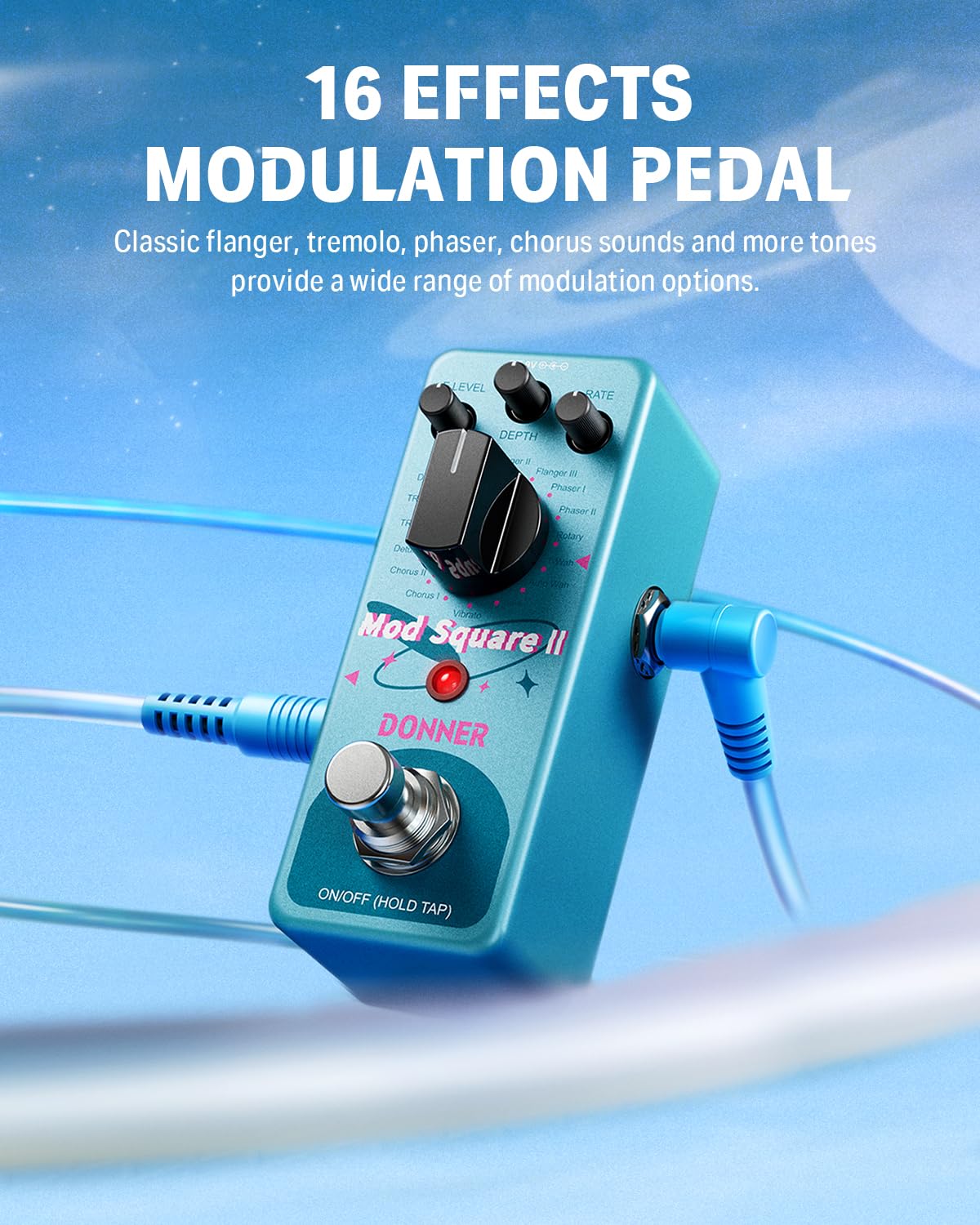 Donner Modulation Pedal - Mod Square Ⅱ for Electric Guitar Pedal Boards, 16 Effects Chorus Phaser Tremolo Flanger Rotary Vibrato Wah Lo-fi Detune 16 Modulation Modes, True Bypass