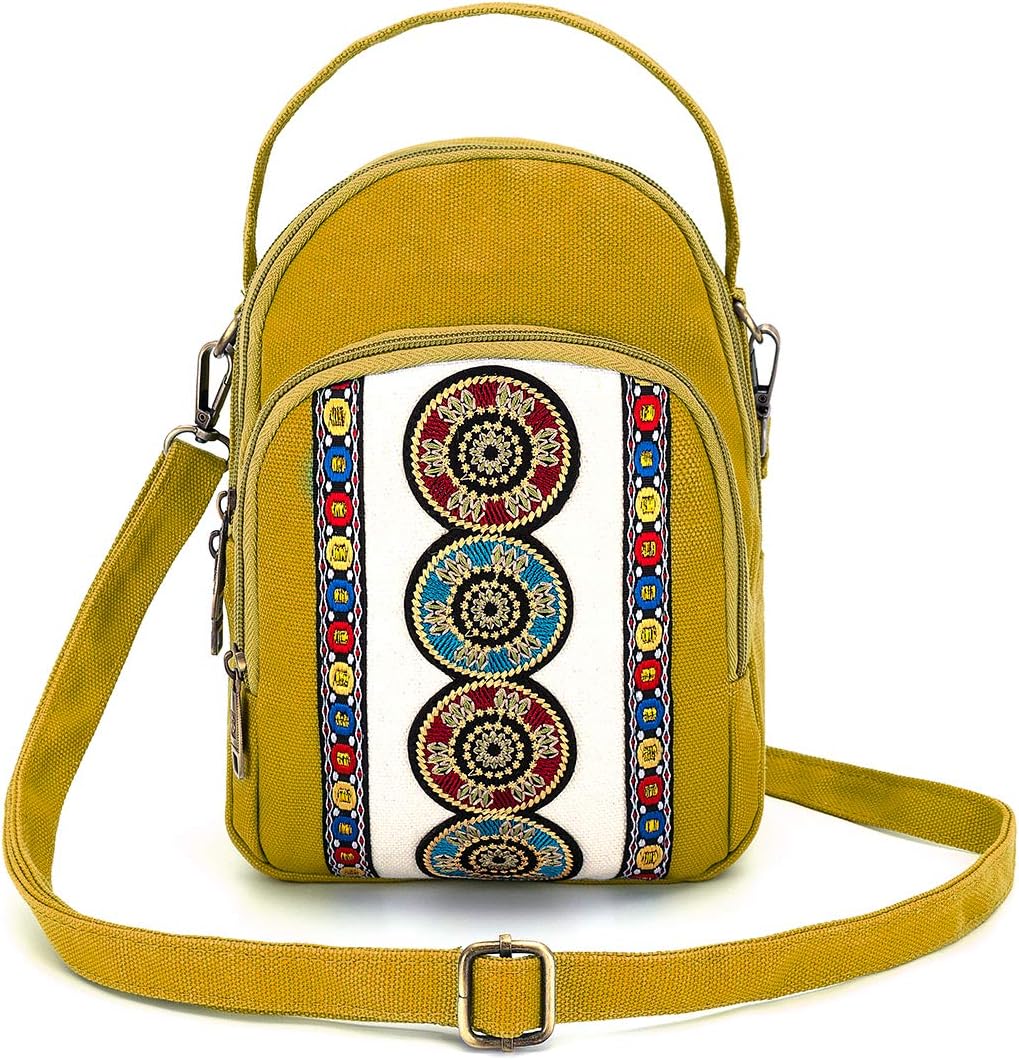 Small Canvas Embroidery Crossbody Bag Vintage Handbags and Purse Cellphone Pouch Mini Shoulder Bag Wallet Bag for Women