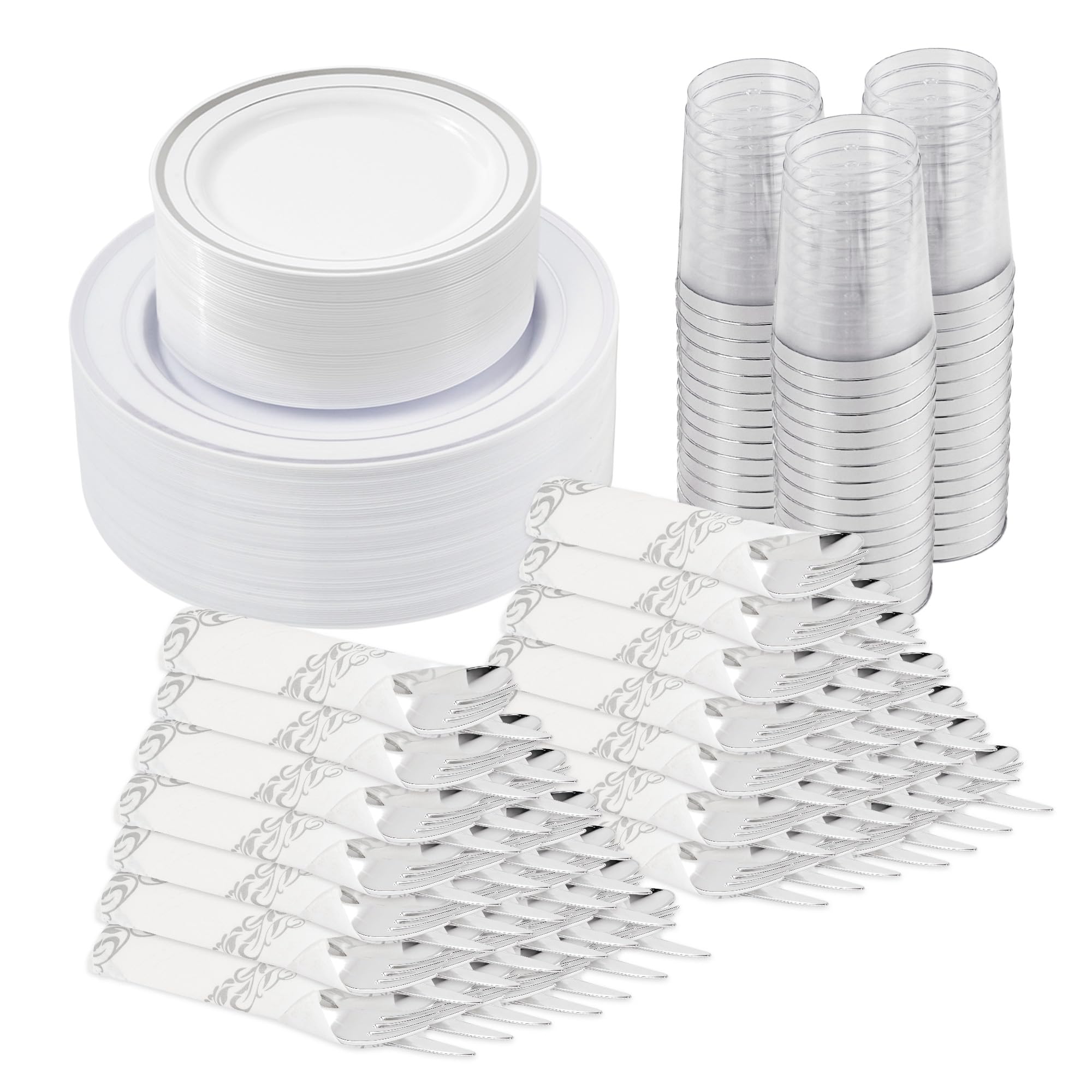 Photo 1 of Fijinhom 350 Pieces Silver Disposable Plates for 50 Guests, Disposable Plastic Plates for Party, Wedding, Dinnerware Set of 50 Dinner Plate, 50 Salad Plate,50 Cups and 50 Paper Napkins, Silver