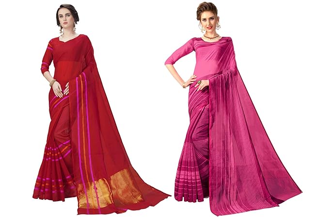 Womens Cotton Silk Saree Combo Pack of 2 (Multicolored)