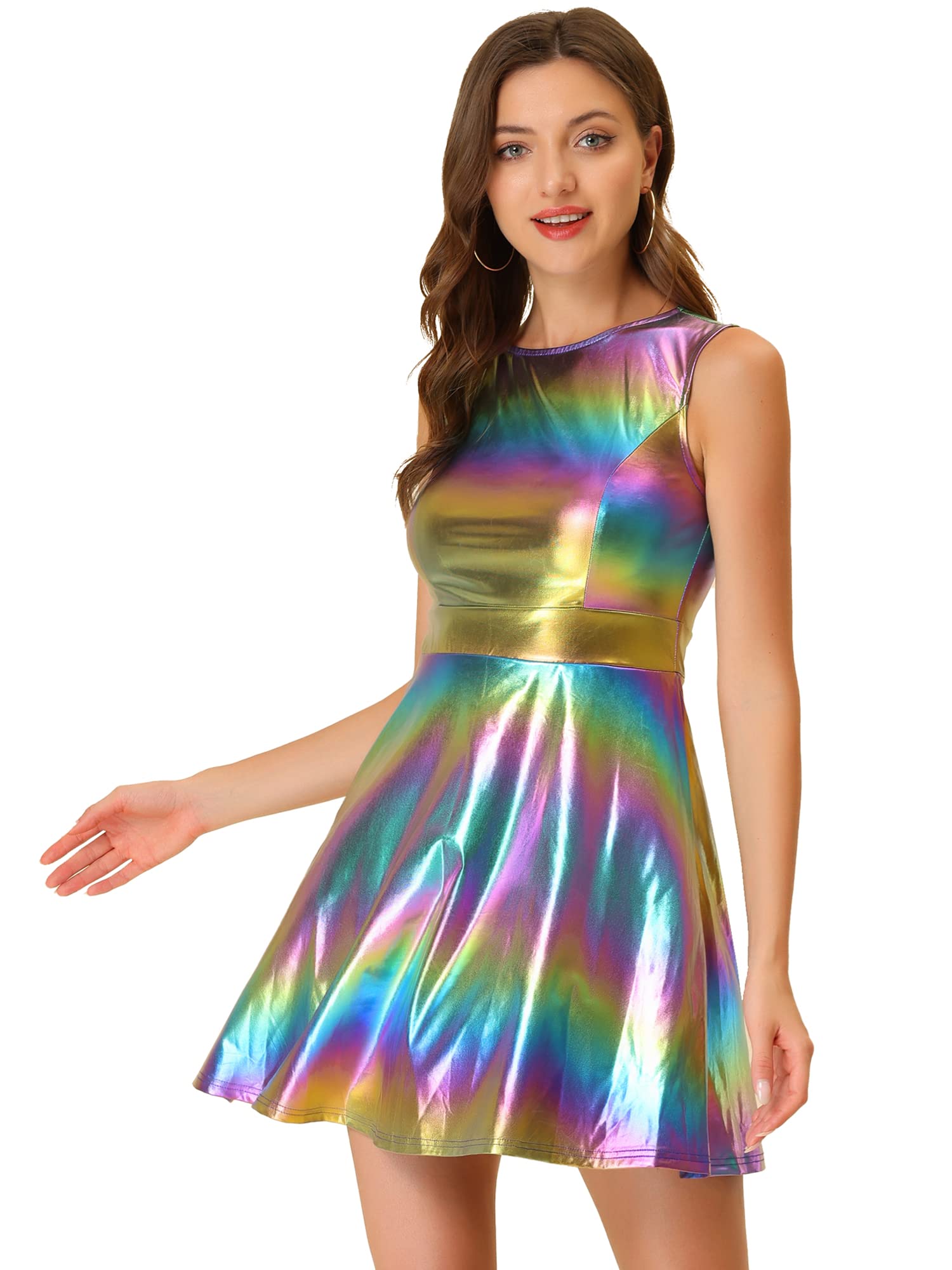 Photo 1 of Allegra K Women's Metallic Sleeveless High Waist Club Party Disco Holographic Dress Small Blue Purple