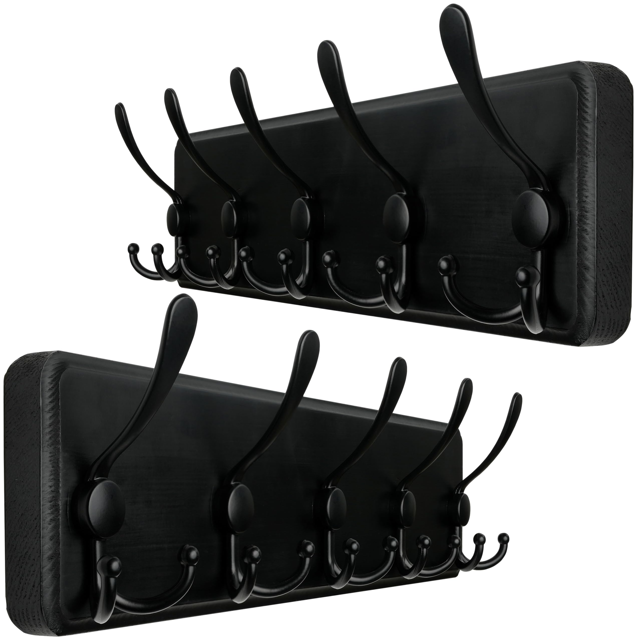 WEBI Coat Rack Wall Mounted,Wood Coat Hooks Wall Mounted Rustic,16" Hole to Hole,Large Coat Hanger Wall,Hook Rack,5 Triple Hooks for Hanging Coats,Jacket,Clothes,Hats,Black,2 Packs