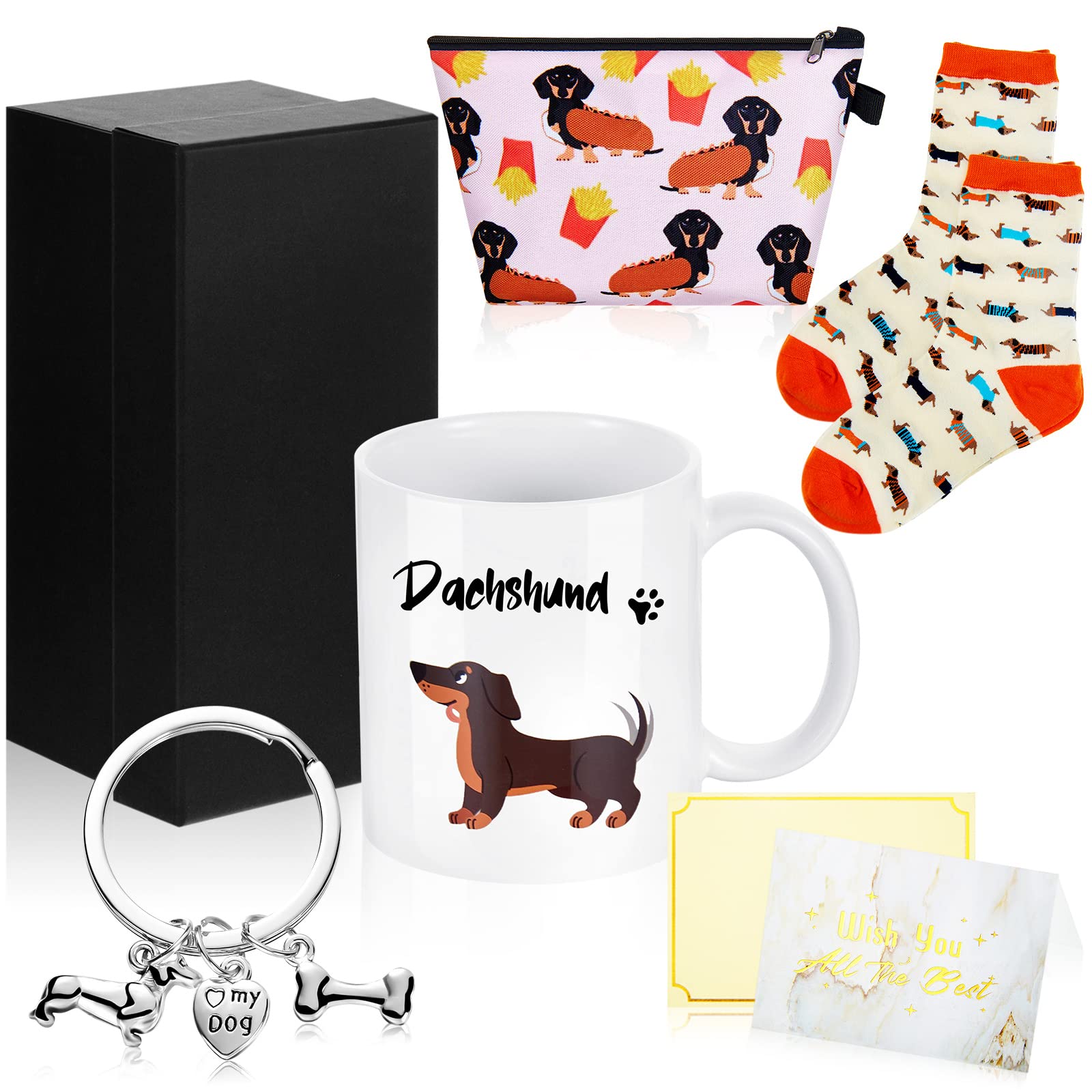Nuenen 5 Pieces Sausage Dog Gifts Set Includes Ceramic Funny Coffee Mug Socks Keyring Makeup Bag Greeting Card with Box Gift for Dachshund Dog Lover Mother Women Birthday Xmas Party
