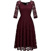 Dressystar Womens Long-Sleeve Wedding Guest Dress A-Line Lace Formal Party Cocktail Midi Dress Prom Gown