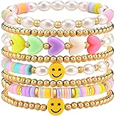 Preppy Bracelets for Women, Stackable Stretch Cute Colorful Beaded Smiley Face Bracelets, Summer Beach Bohemian Pearl Surfer Heishi Clay Bracelets Jewelry for Women