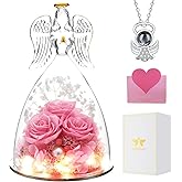 Christmas Angel Gifts for Women Gift for Mom,Preserved Real Rose in Glass Angel Figurines with Angel Necklace,Preserved Flower Birthday Gifts for Women Mom Wife Girlfriend for Thanksgiving Xmas Gift